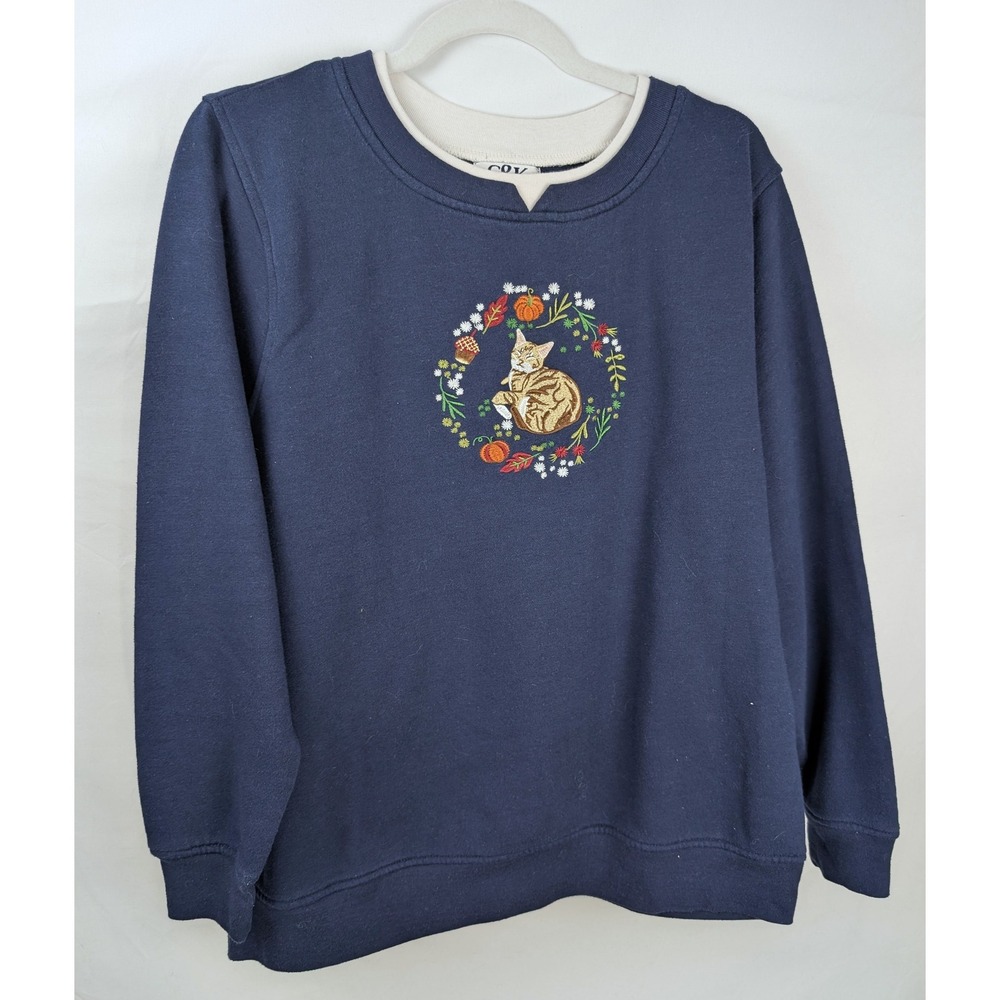 Vintage 90s Embroidered Kitty Sweatshirt Size L Blue Fall Cottagecore Granny